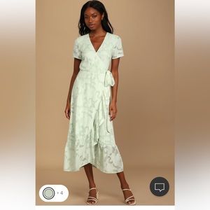 Blissfully Sage Green Jacquard Short Sleeve Wrap Midi Dress